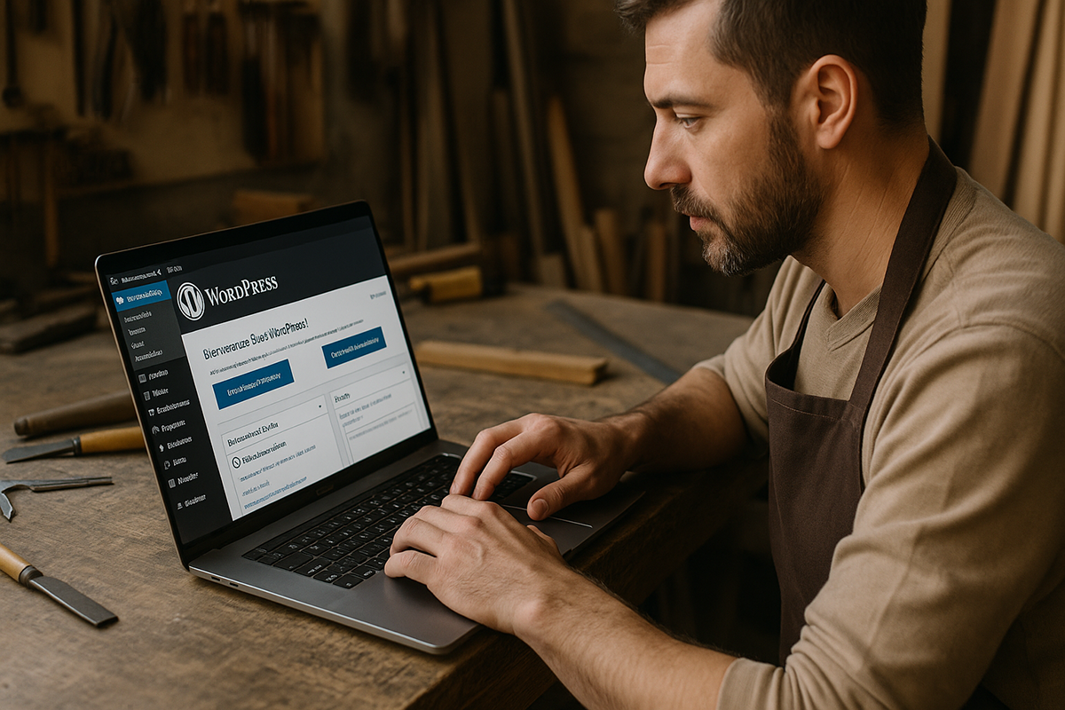 Artisan en atelier utilisant un ordinateur portable affichant WordPress pour développer son activité locale.
