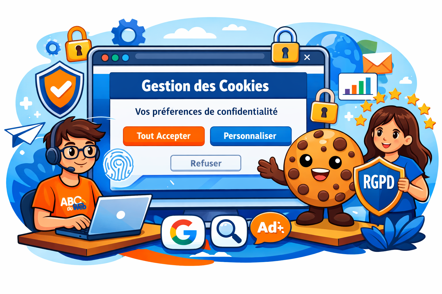 Illustration cartoon représentant la gestion du consentement des cookies RGPD sur un site internet, avec un bandeau de préférences cookies conforme, aux couleurs bleu et orange d’ABCduWeb.