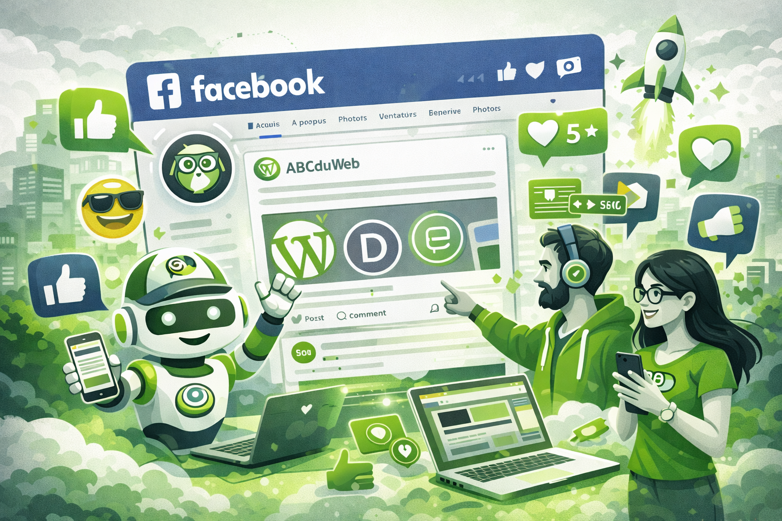 ABCduWeb sur Facebook : le web en action Illustration représentant la page Facebook ABCduWeb avec des éléments WordPress, Divi et des interactions sociales, dans les couleurs vertes et blanches de l’agence.